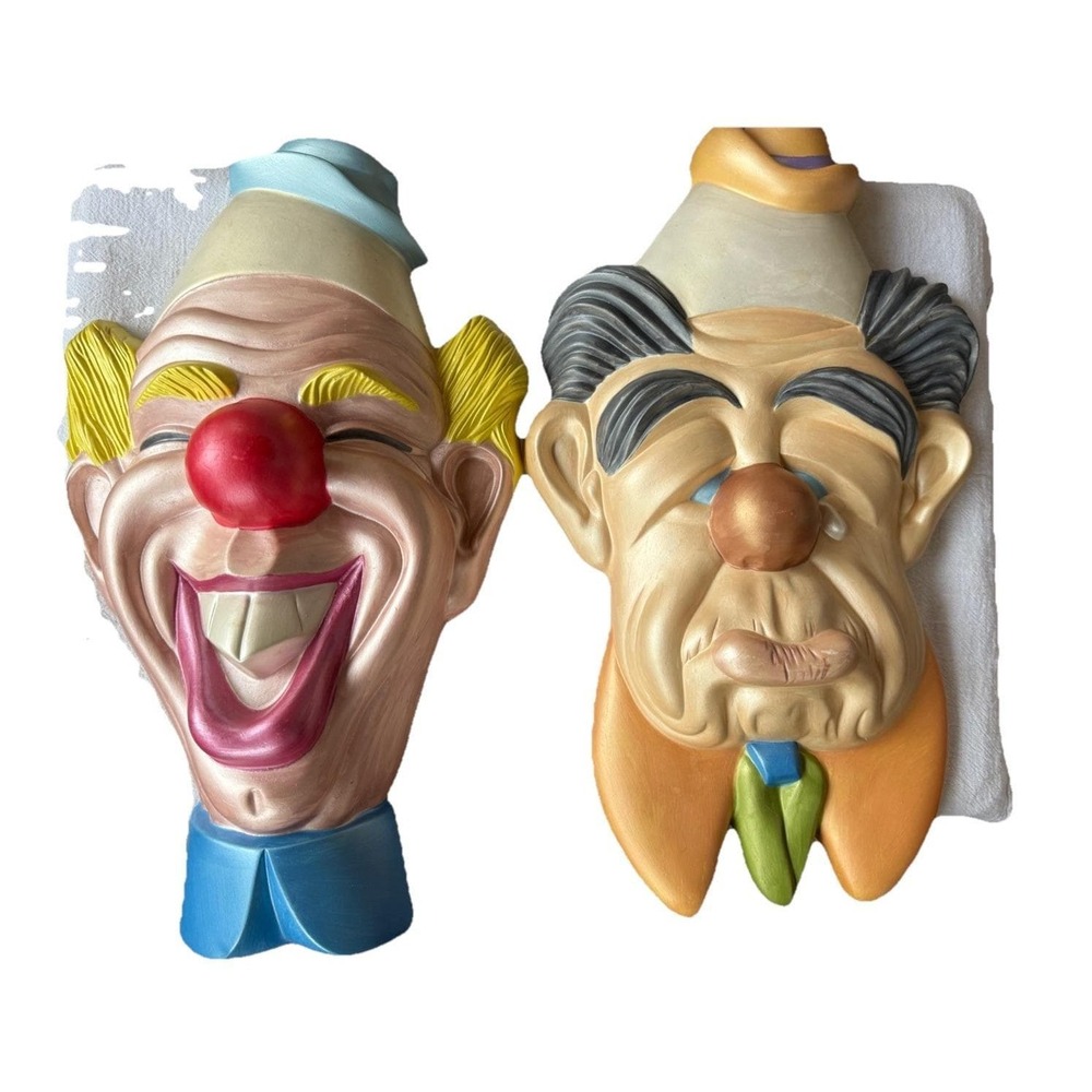 Vintage Hand Painted Mold Clowns Wall Hangings Happy/Sad 16"